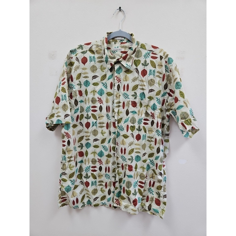 Burma Bibas Shirt Mens  Large Creme Green 100% Cotton Nature Leaves - Picture 2 of 10